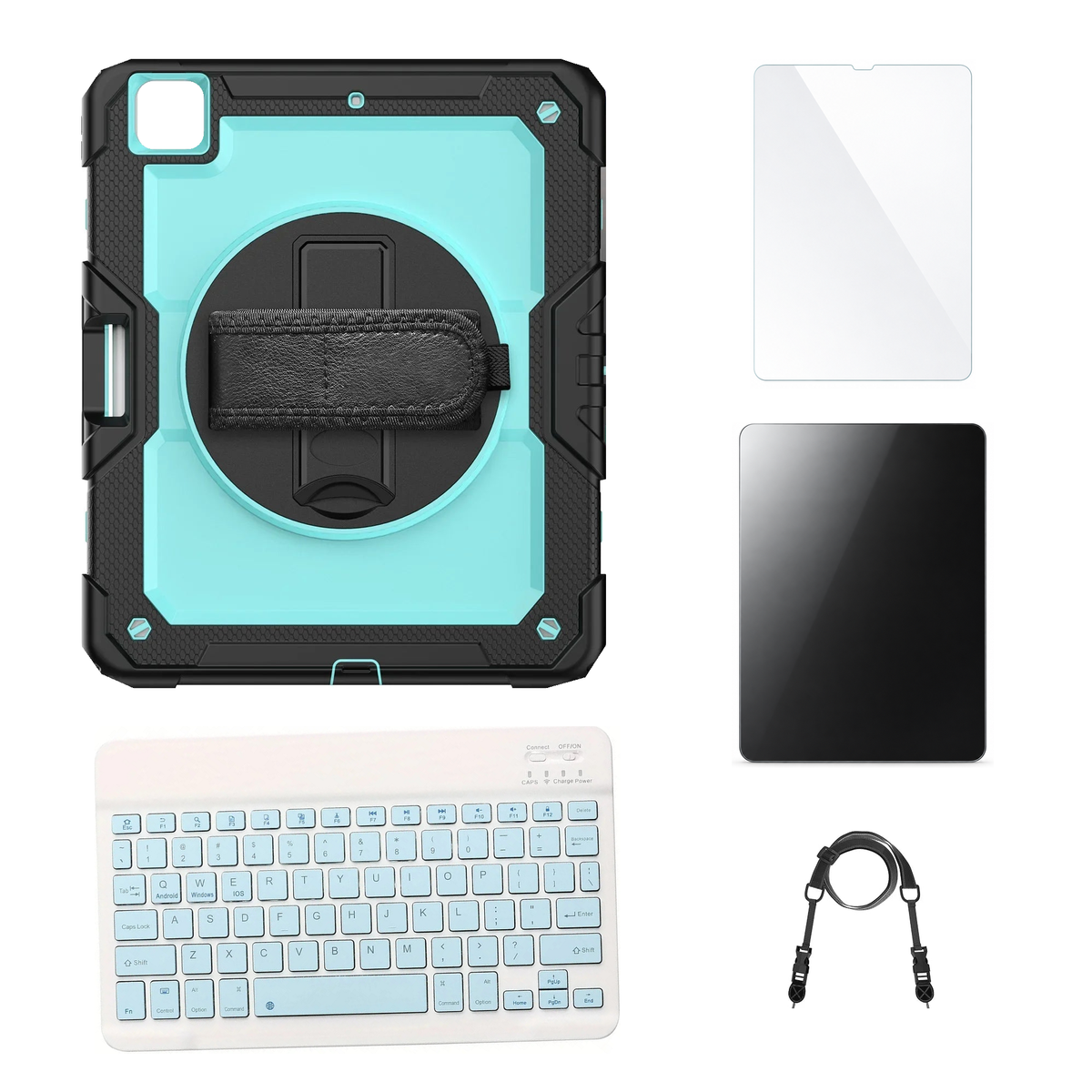 RhinoGuard Pro Aqua / Black case with Blue keyboard, shoulder strap, standard glass and additional privacy glass
