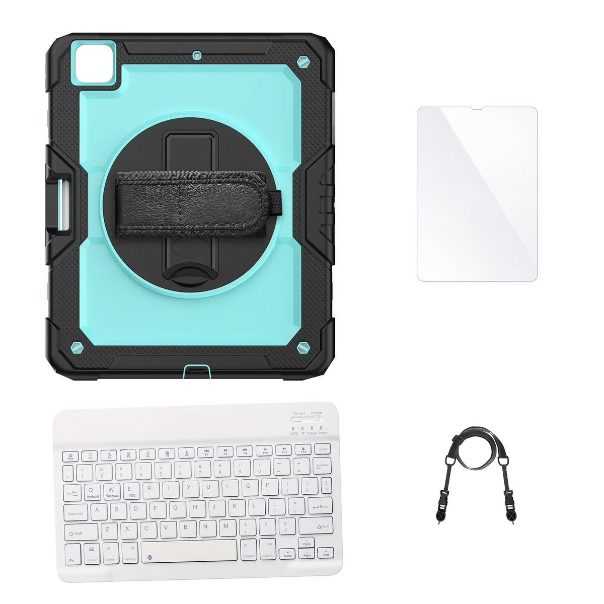 RhinoGuard Pro Aqua / Black case with White keyboard, shoulder strap, standard glass