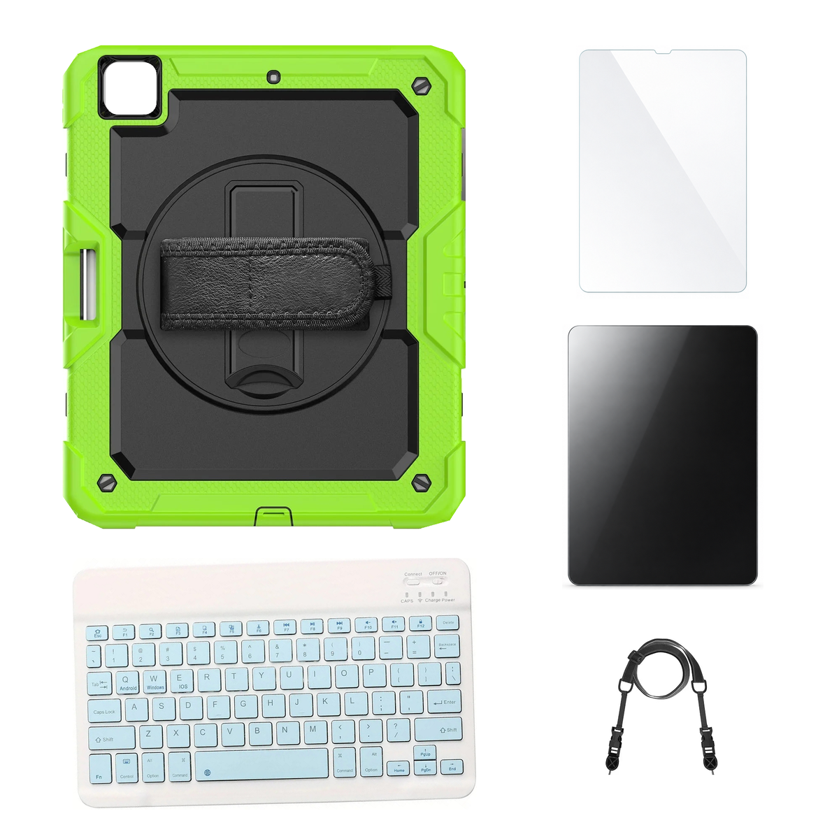 RhinoGuard Pro Black / Green case with Blue keyboard, shoulder strap, standard glass and additional privacy glass