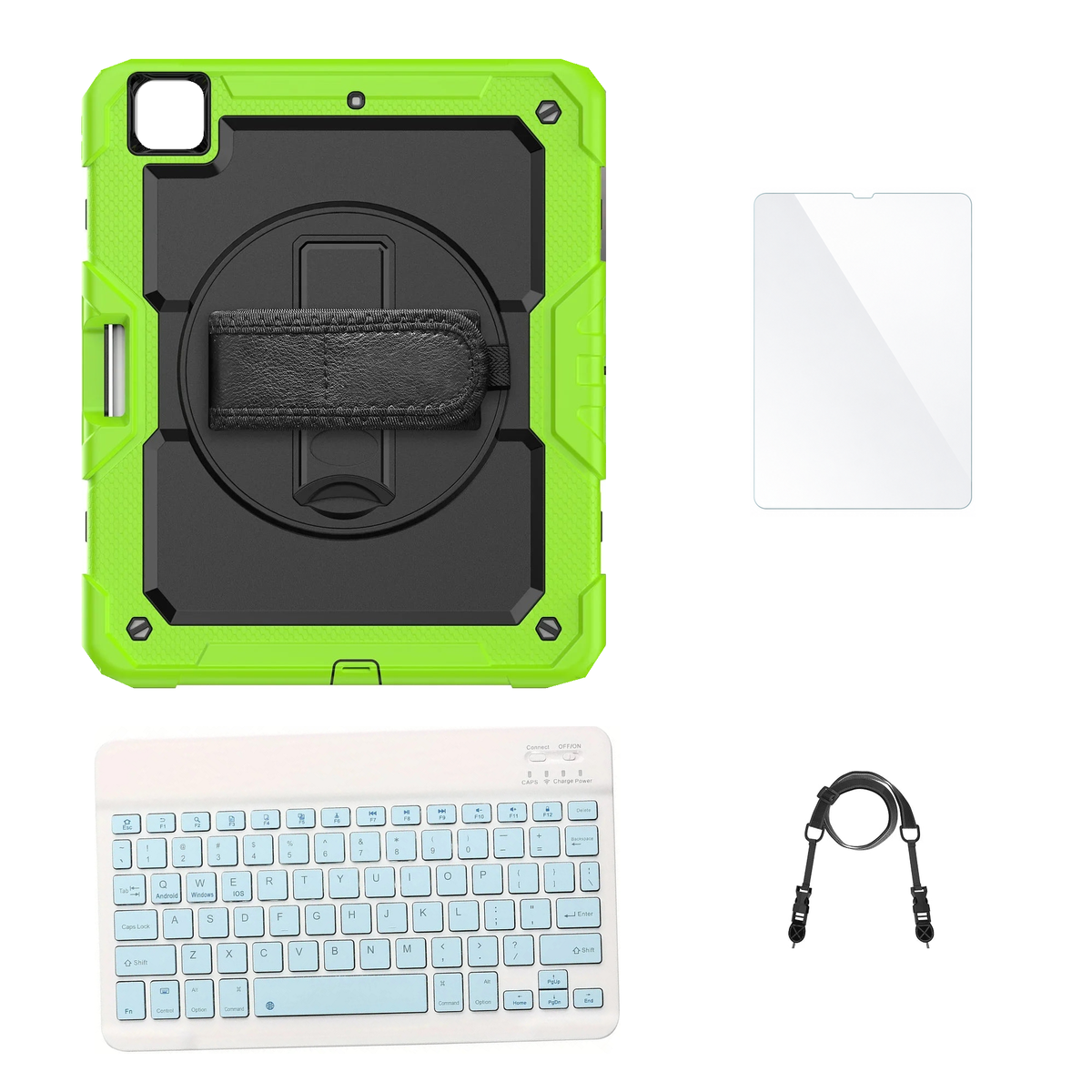 RhinoGuard Pro Black / Green case with Blue keyboard, shoulder strap, standard glass