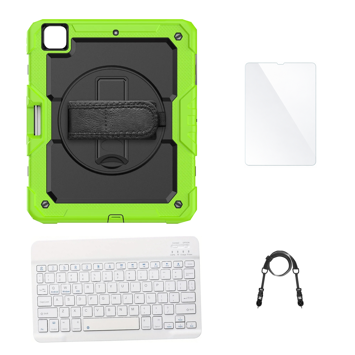RhinoGuard Pro Black / Green case with White keyboard, shoulder strap, standard glass