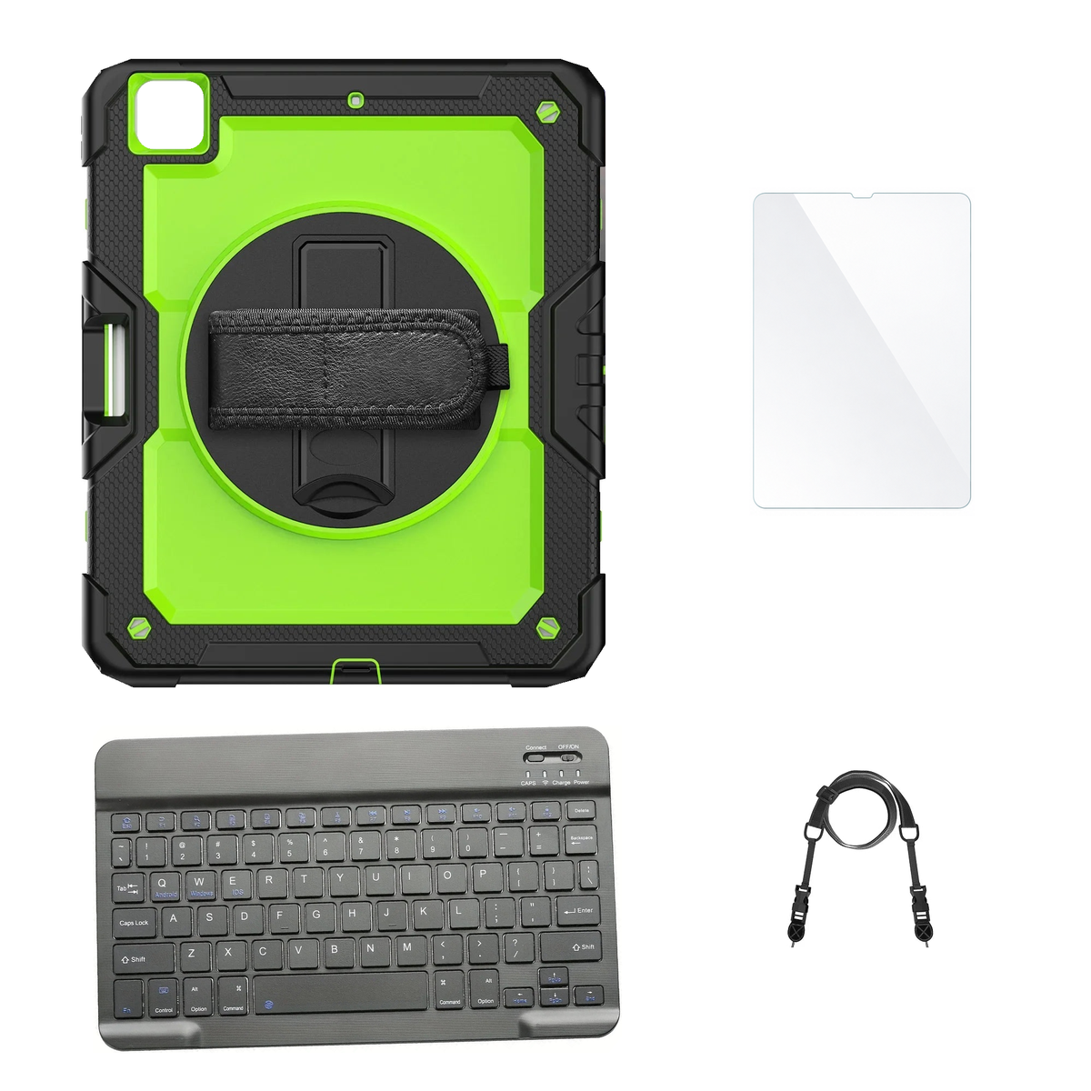 RhinoGuard Pro Green / Black case with Black keyboard, shoulder strap, standard glass