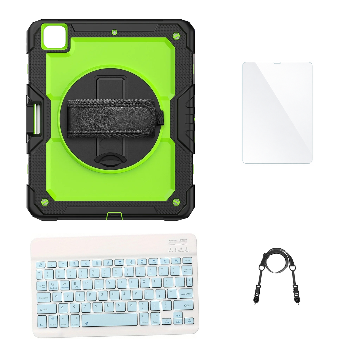 RhinoGuard Pro Green / Black case with Blue keyboard, shoulder strap, standard glass