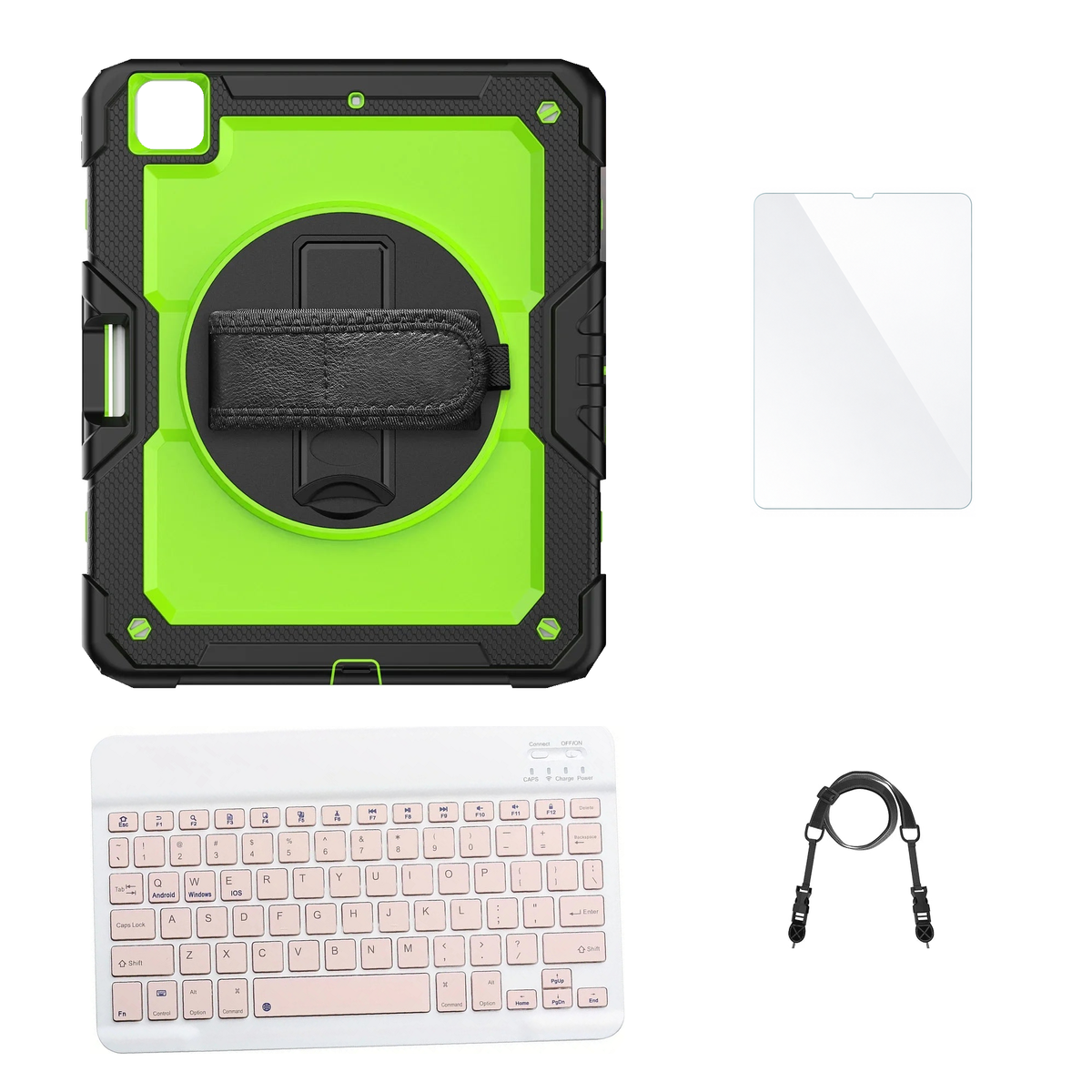 RhinoGuard Pro Green / Black case with Pink keyboard, shoulder strap, standard glass