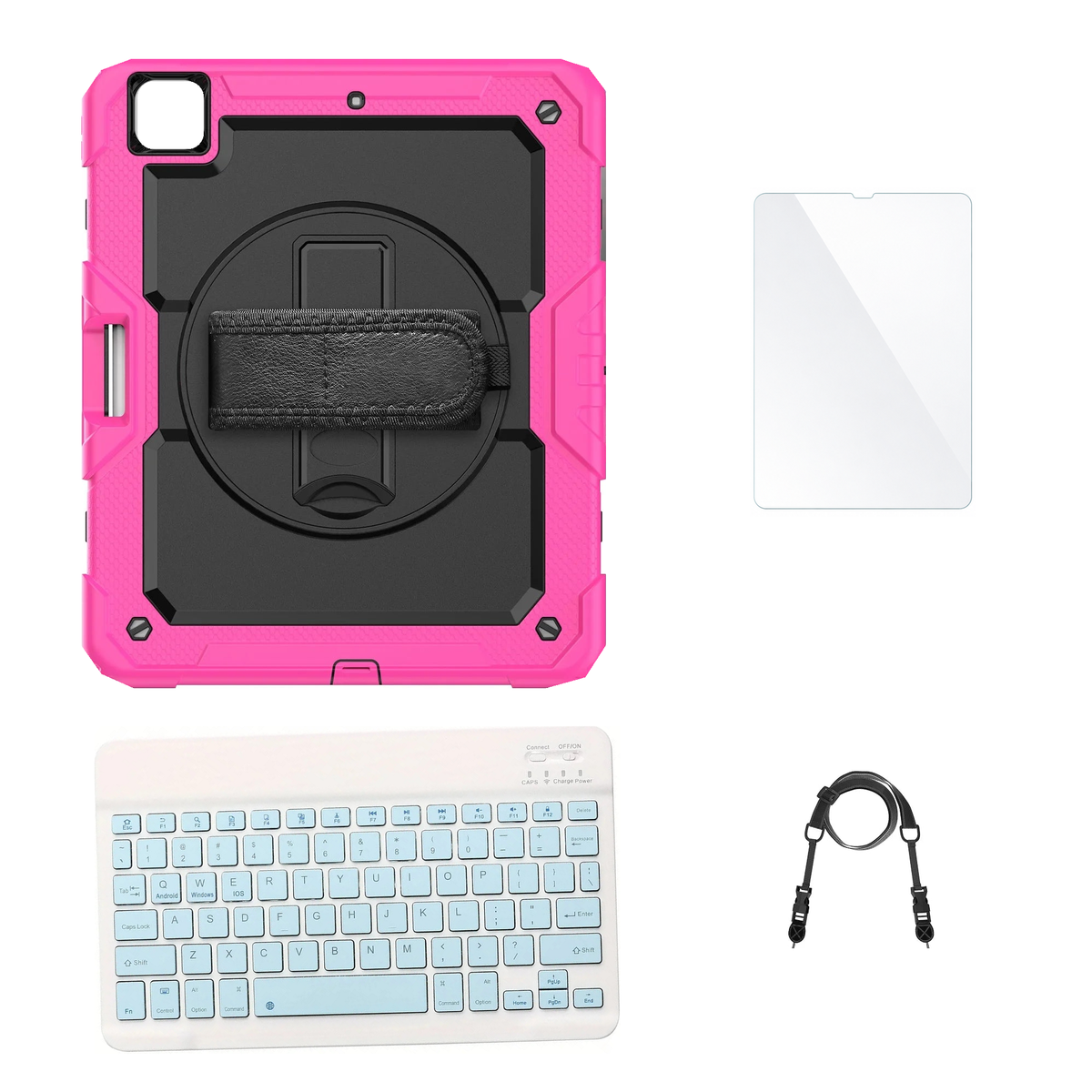 RhinoGuard Pro Black / Pink case with Blue keyboard, shoulder strap, standard glass