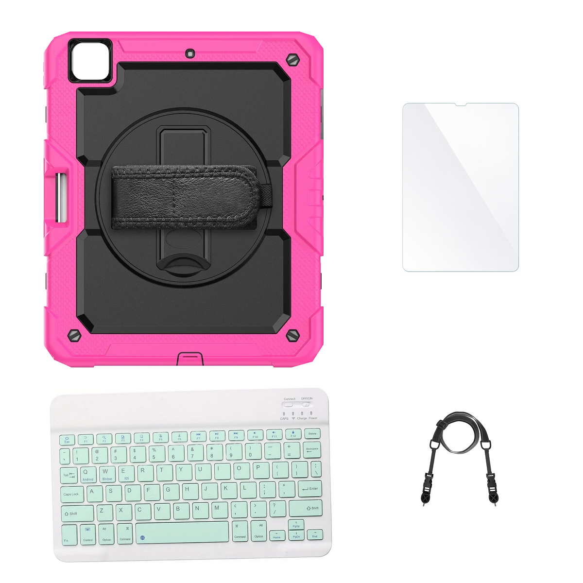 RhinoGuard Pro Black / Pink case with Green keyboard, shoulder strap, standard glass