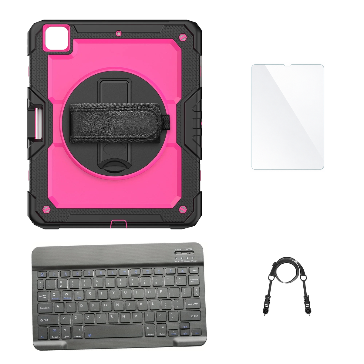 RhinoGuard Pro Pink / Black case with Black keyboard, shoulder strap, standard glass