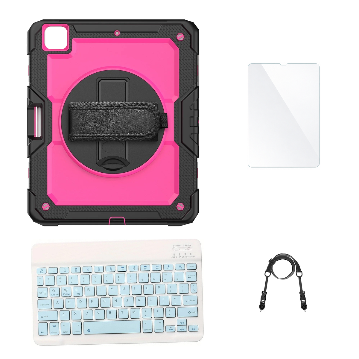 RhinoGuard Pro Pink / Black case with Blue keyboard, shoulder strap, standard glass
