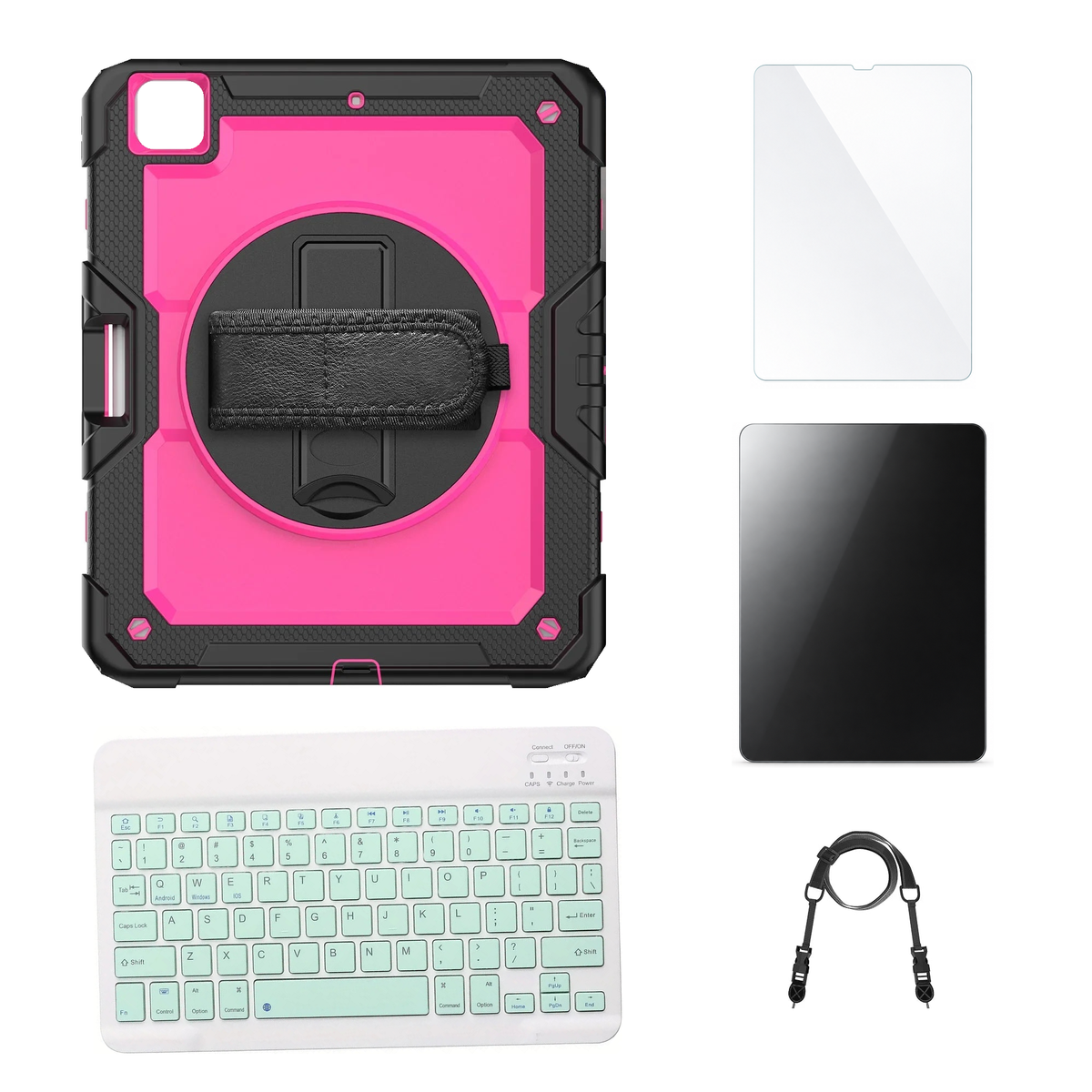 RhinoGuard Pro Pink / Black case with Green keyboard, shoulder strap, standard glass and additional privacy glass