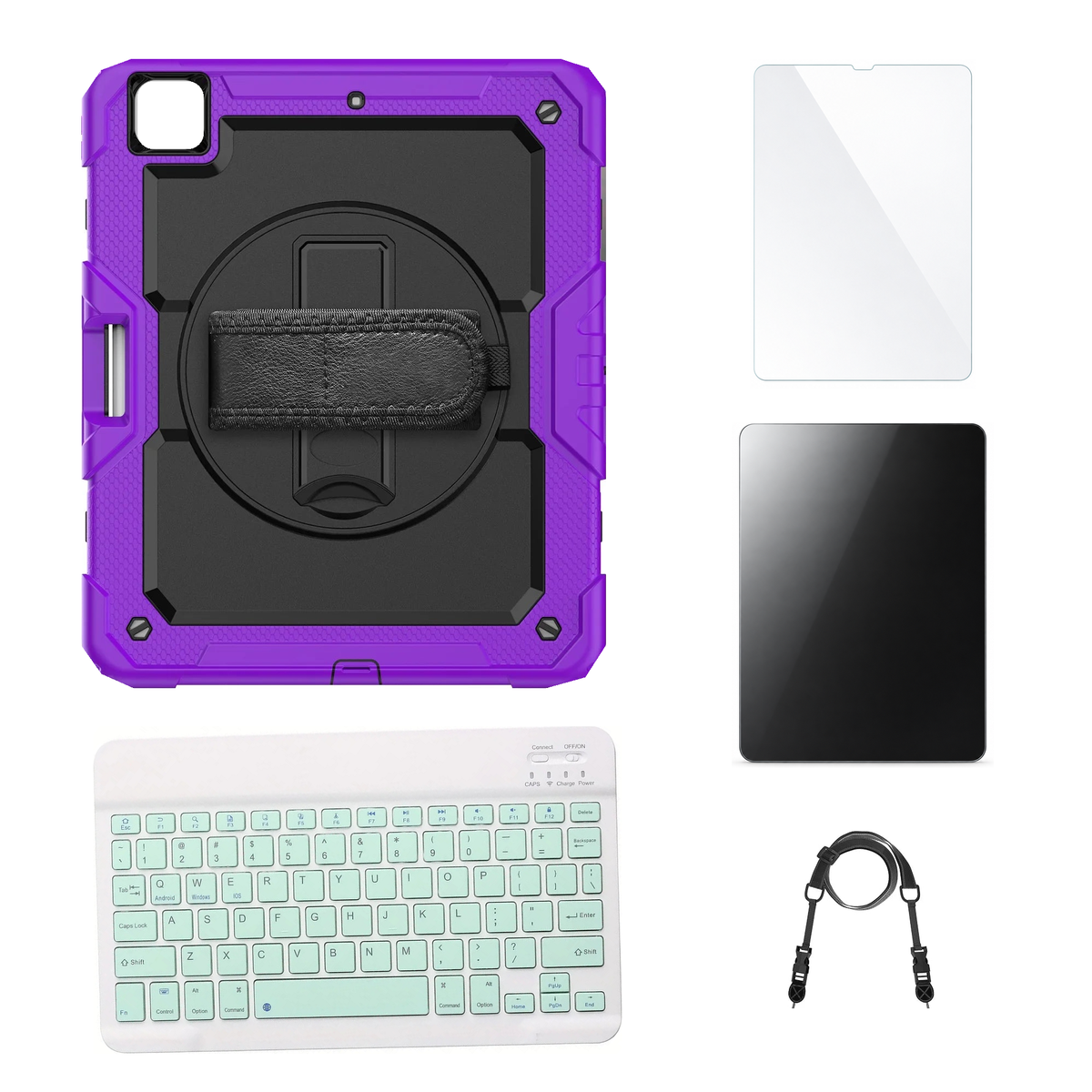 RhinoGuard Pro Black / Purple case with Green keyboard, shoulder strap, standard glass and additional privacy glass