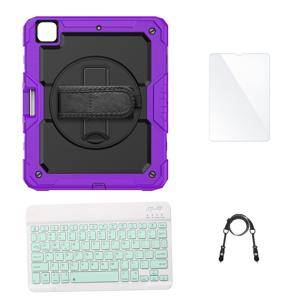 RhinoGuard Pro Black / Purple case with Green keyboard, shoulder strap, standard glass