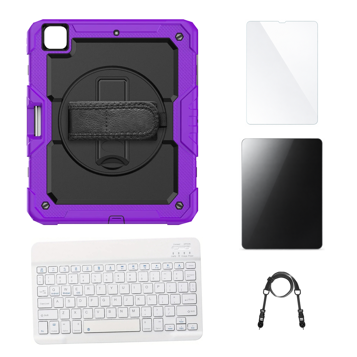 RhinoGuard Pro Black / Purple case with White keyboard, shoulder strap, standard glass and additional privacy glass