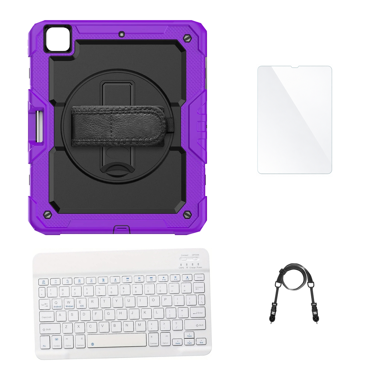RhinoGuard Pro Black / Purple case with White keyboard, shoulder strap, standard glass