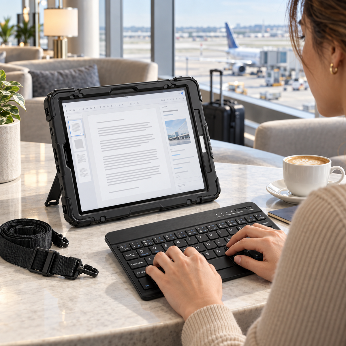 Black RhinoGuard WorkForce 360 iPad case and separate RhinoKeys Pro keyboard in use at an airport lounge