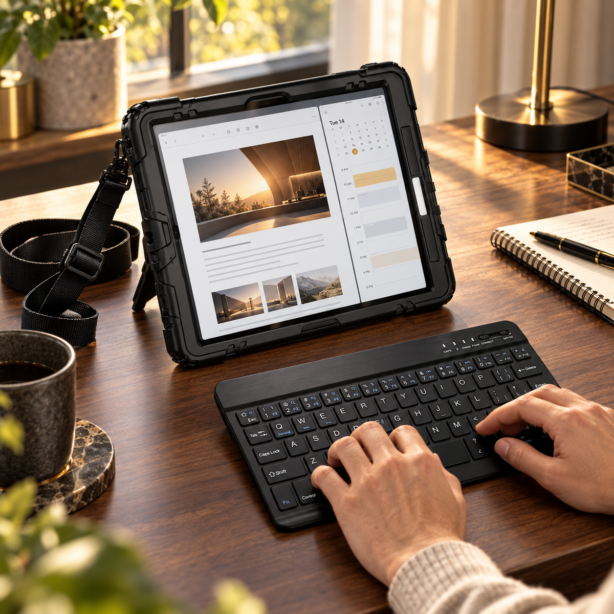 Home-office typing setup with the black RhinoGuard WorkForce 360 iPad case, built-in kickstand, shoulder strap and separate RhinoKeys Pro keyboard