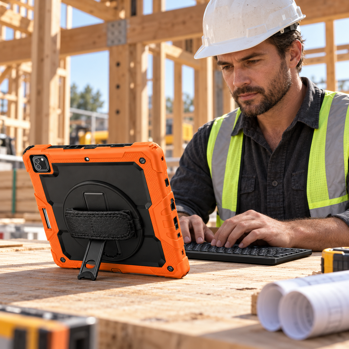Contractor typing on the separate RhinoKeys Pro keyboard with an orange RhinoGuard WorkForce 360 iPad case on its built-in kickstand