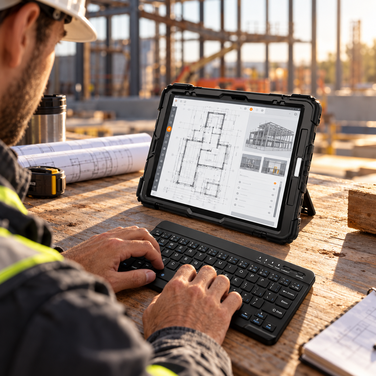 Contractor typing on the separate RhinoKeys Pro keyboard with an iPad protected by the black RhinoGuard WorkForce 360 case at a jobsite