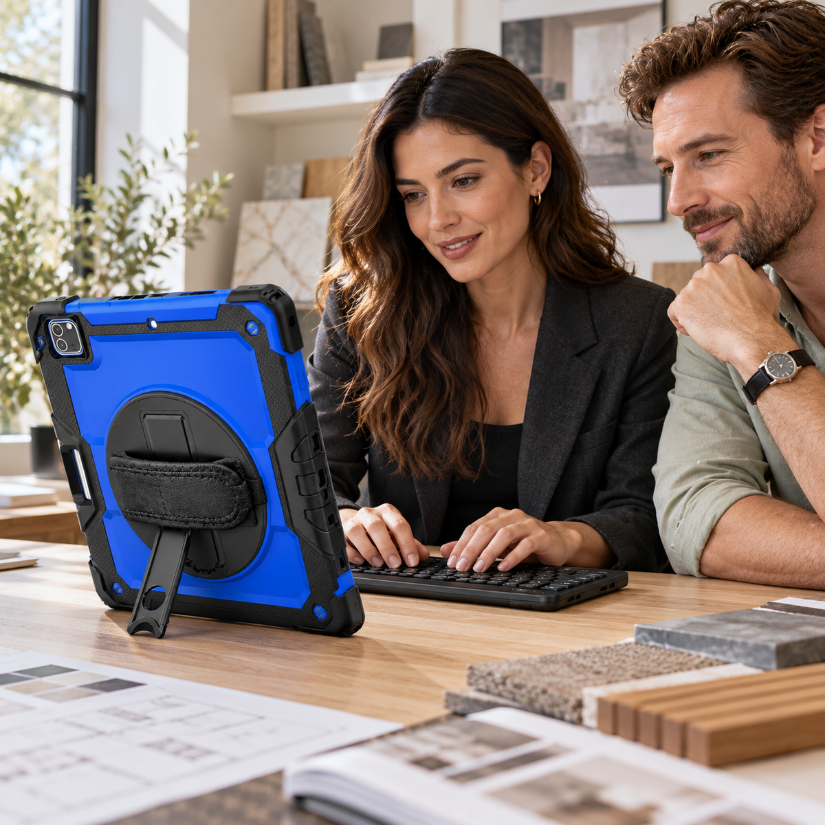 Designer and client collaborating with a blue RhinoGuard WorkForce 360 iPad case on its kickstand and separate RhinoKeys Pro keyboard