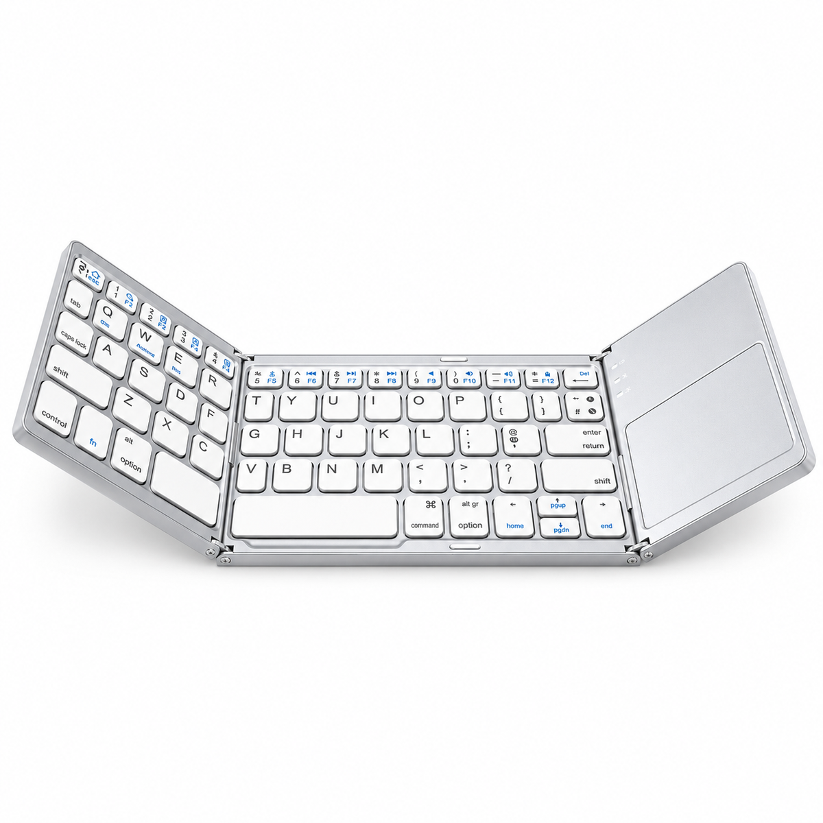 Avontic WorkForce Fold Bluetooth keyboard in Silver with white English keys, folding hinges and right-side touchpad