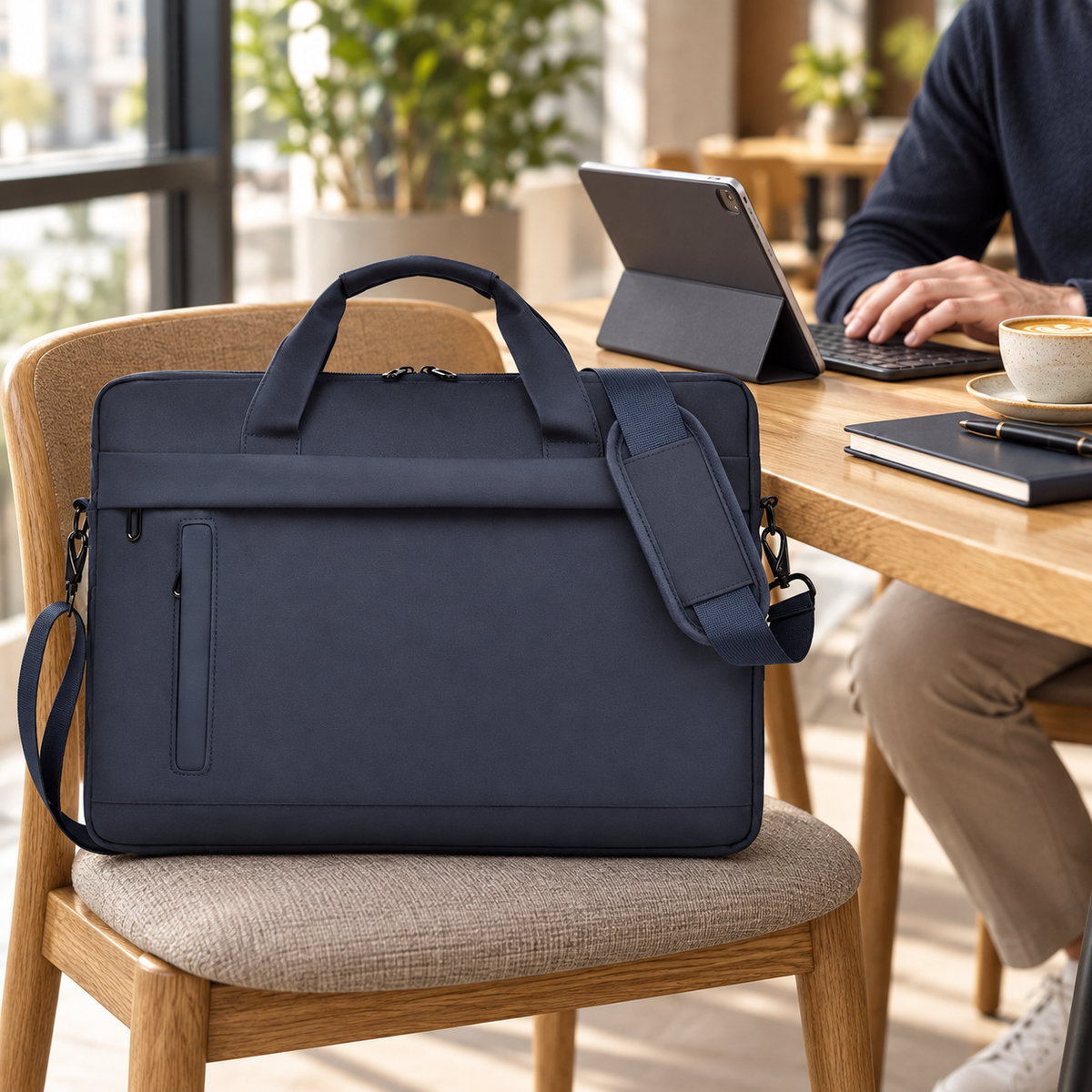 Avontic WorkForce Transit — Blue carry bag beside a tablet and keyboard at a cafe; accessories not included