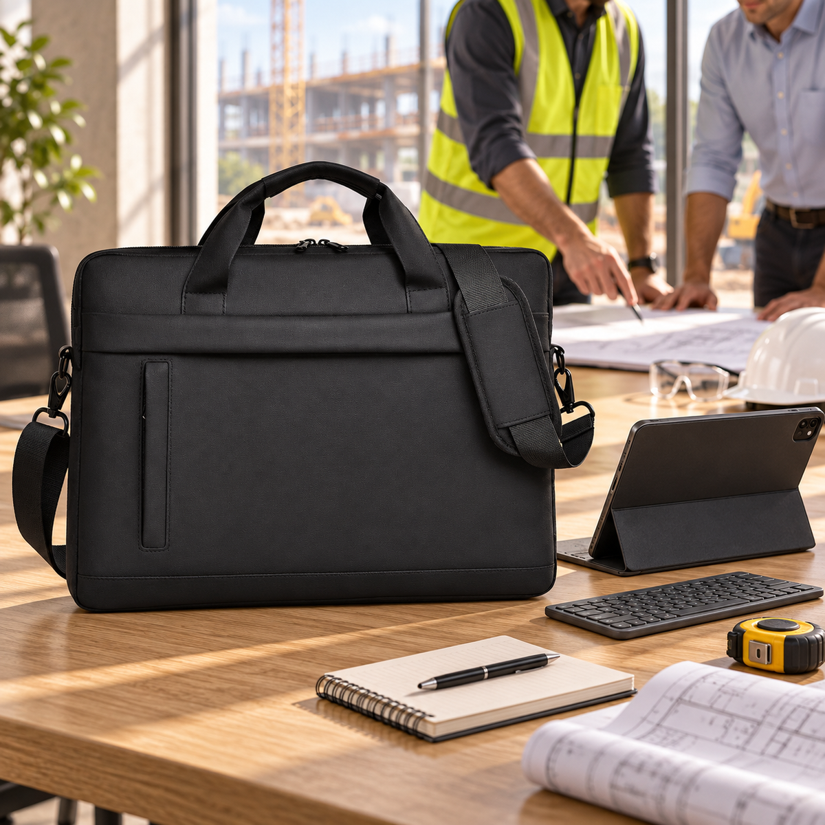 Black Avontic WorkForce Transit carry bag with tablet, compact keyboard and field notebook in an office overlooking a construction site