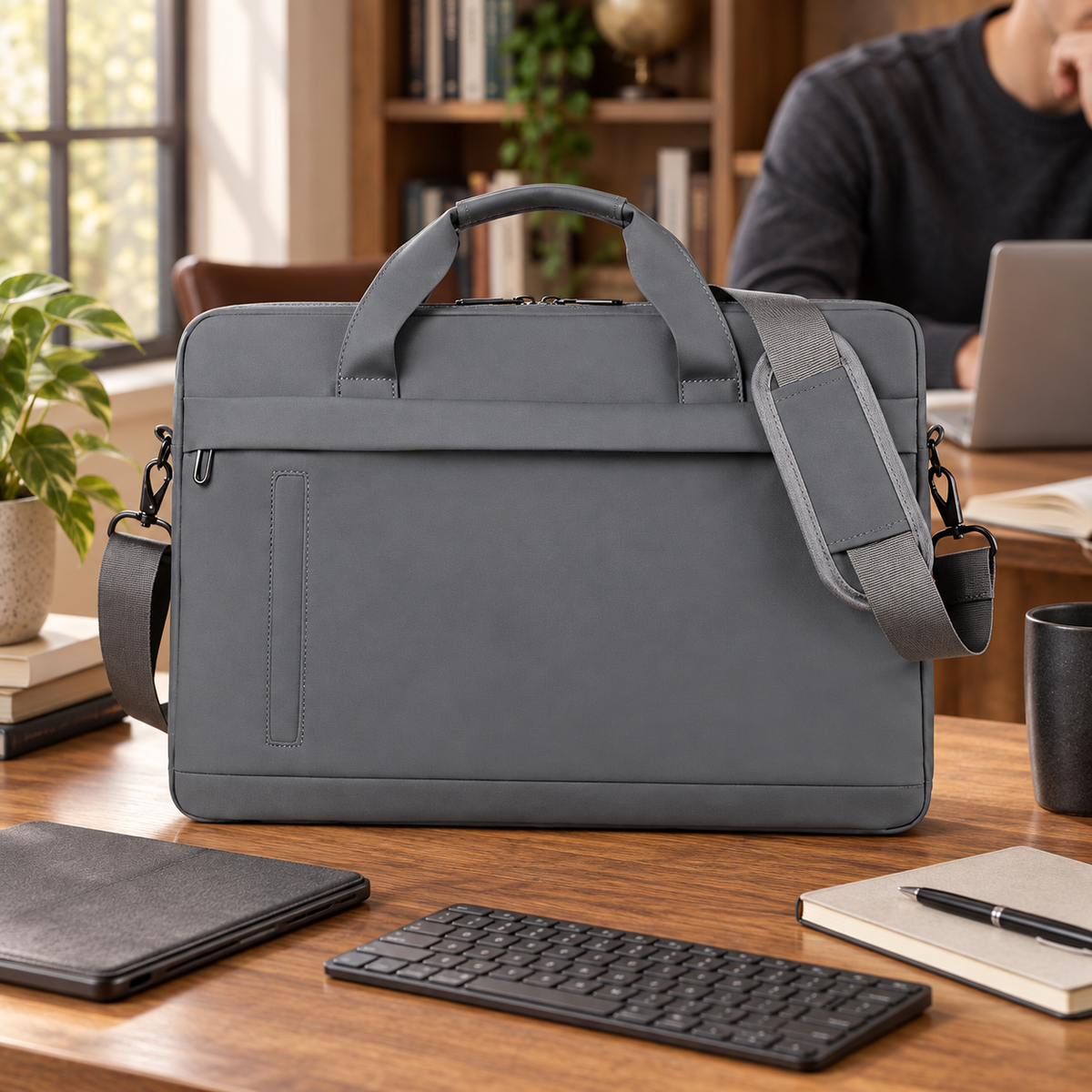 Avontic WorkForce Transit — Gray carry bag in a library study setup; accessories not included
