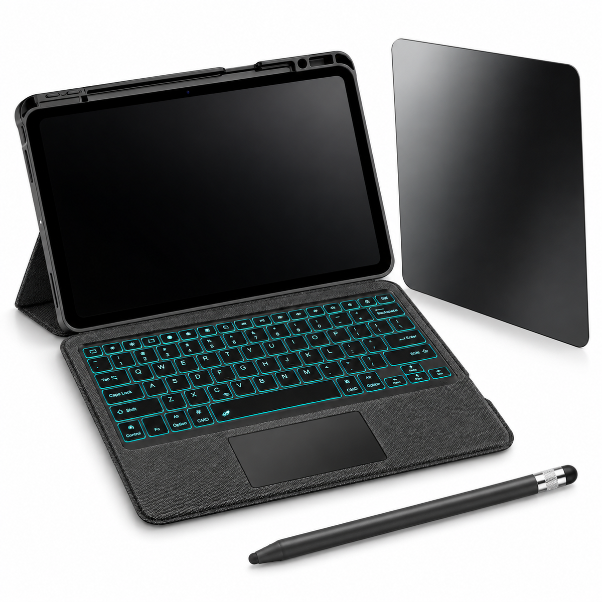 RhinoGuard Axis WorkForce Complete — Keyboard Case + Stylus & Privacy Glass Bundle, Black; all included bundle items on white. Representative iPad fit; tablet not included.