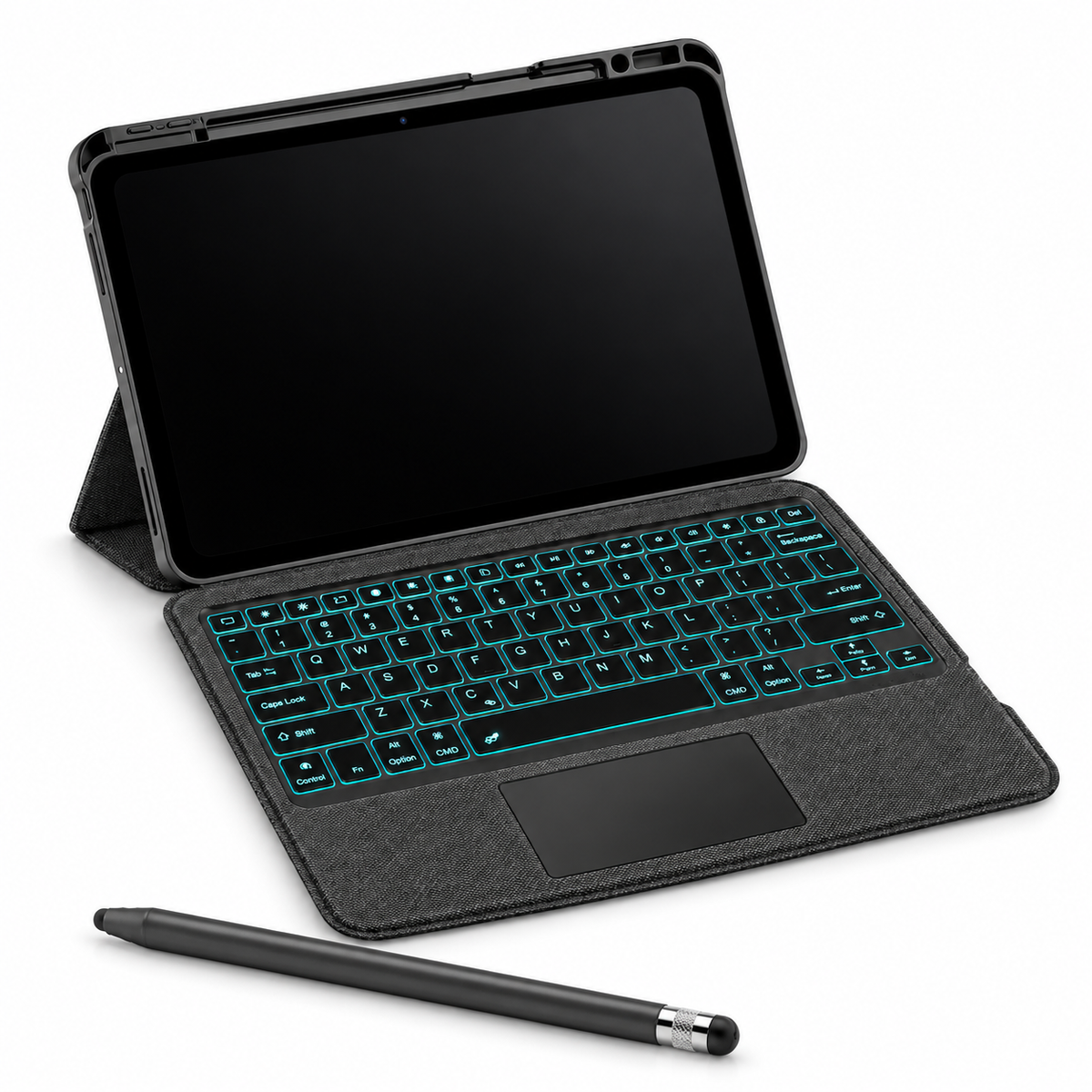 RhinoGuard Axis WorkForce Create — Keyboard Case + ApexTouch Stylus Bundle, Black; all included bundle items on white. Representative iPad fit; tablet not included.