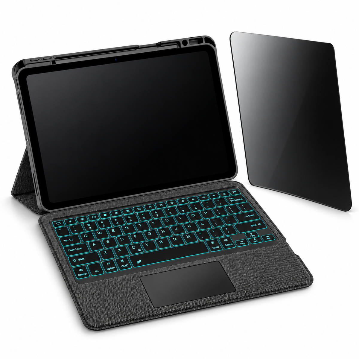RhinoGuard Axis WorkForce Privacy — Keyboard Case + Privacy Glass Bundle, Black; all included bundle items on white. Representative iPad fit; tablet not included.