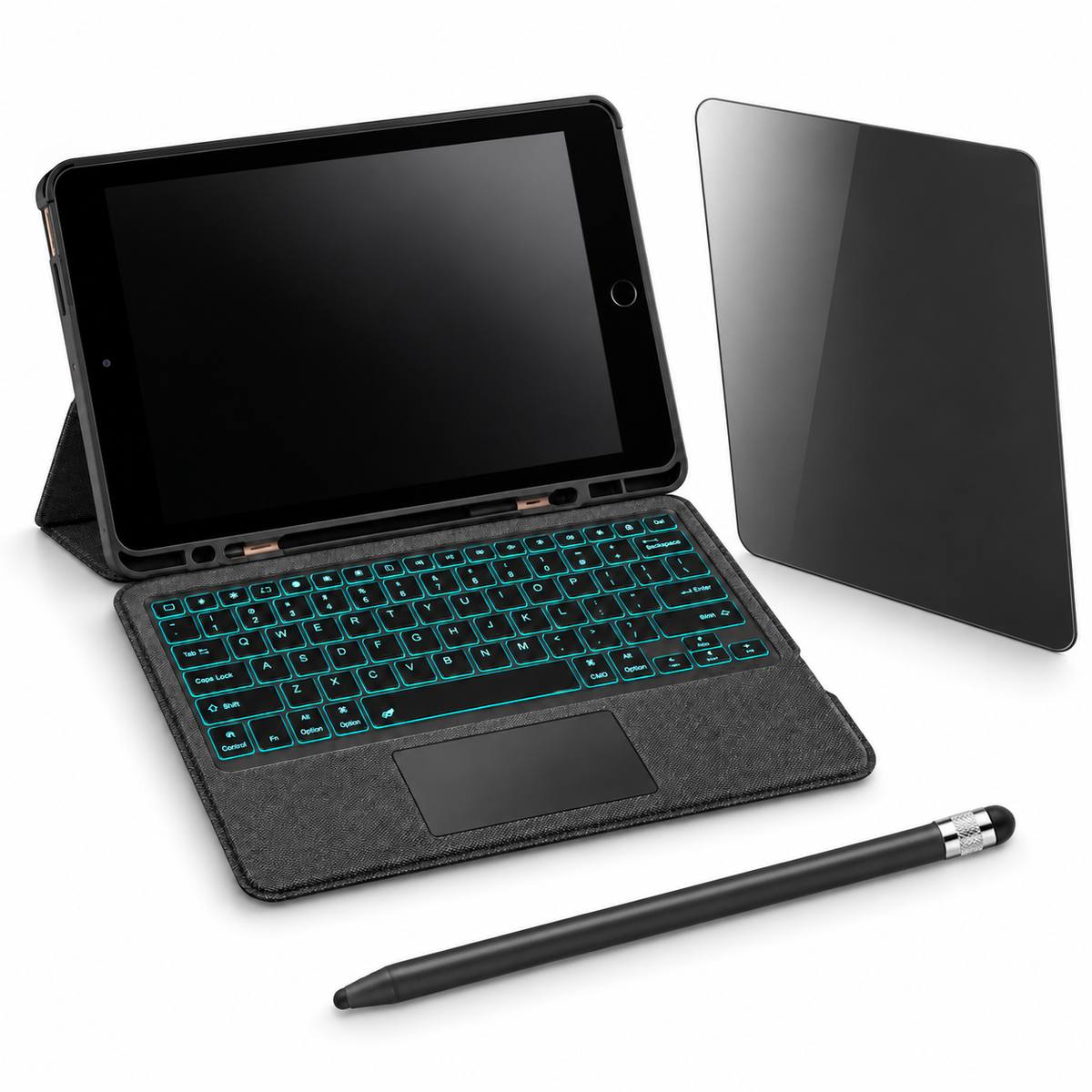 RhinoGuard Axis WorkForce Complete — Keyboard Case + Stylus & Privacy Glass Bundle, Black; all included bundle items on white. Representative iPad fit; tablet not included.