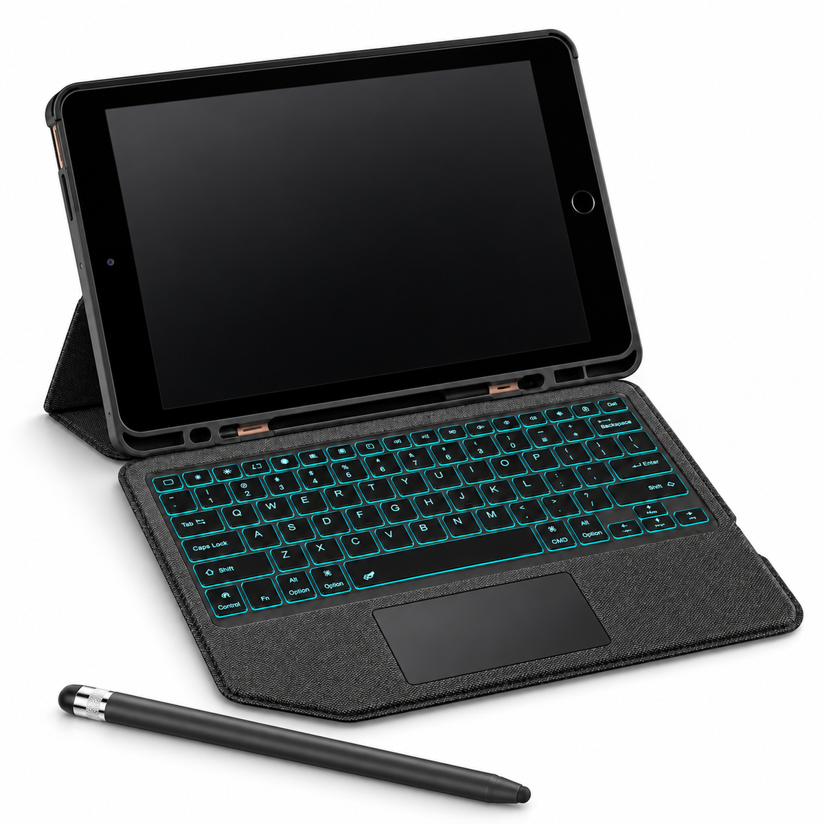 RhinoGuard Axis WorkForce Create — Keyboard Case + ApexTouch Stylus Bundle, Black; all included bundle items on white. Representative iPad fit; tablet not included.