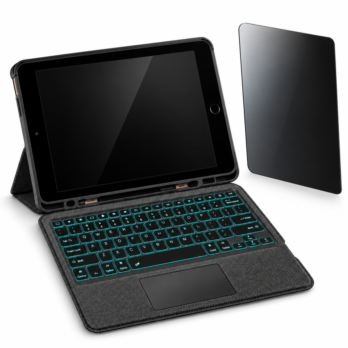 RhinoGuard Axis WorkForce Privacy — Keyboard Case + Privacy Glass Bundle, Black; all included bundle items on white. Representative iPad fit; tablet not included.