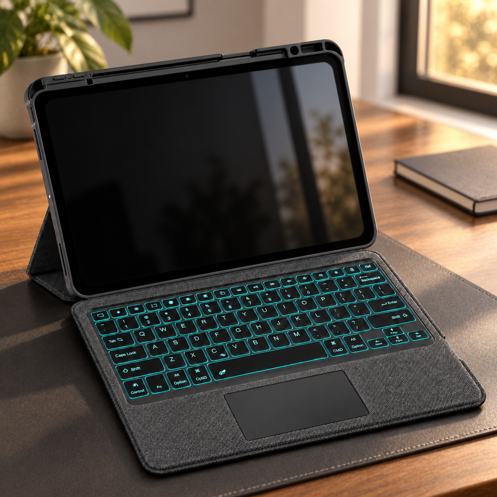 RhinoGuard Axis WorkForce keyboard case at a warm home-office desk; iPad and scene props sold separately.