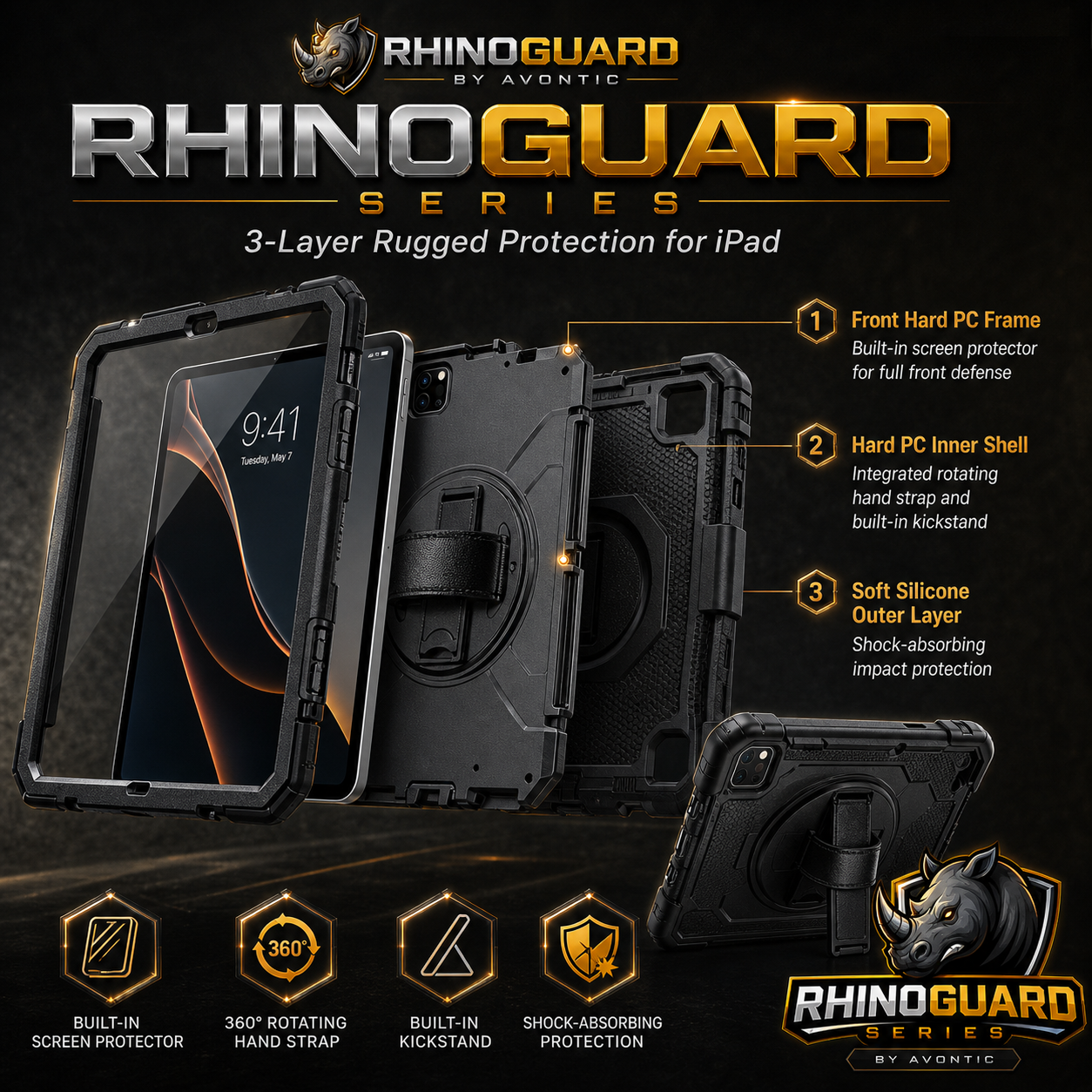 RhinoGuard Pro Rugged iPad Case with Hand Strap, Shoulder Strap & Kickstand