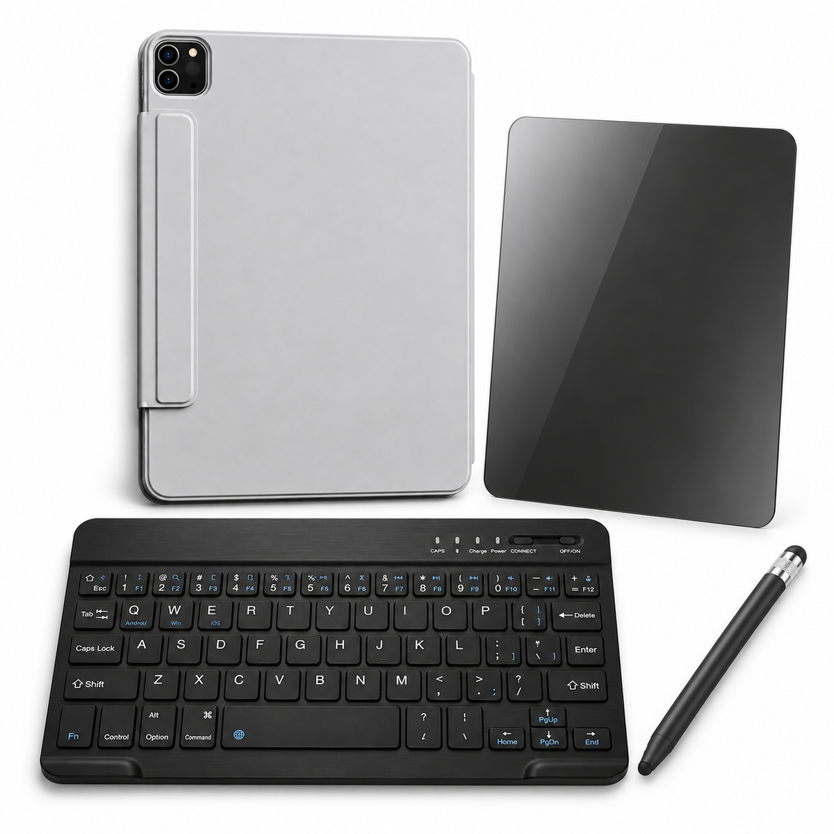 FormaLift Clarity Complete — iPad Case + Keyboard, Stylus, Privacy Glass Bundle, Grey; all included bundle items on white. Representative iPad fit; tablet not included.