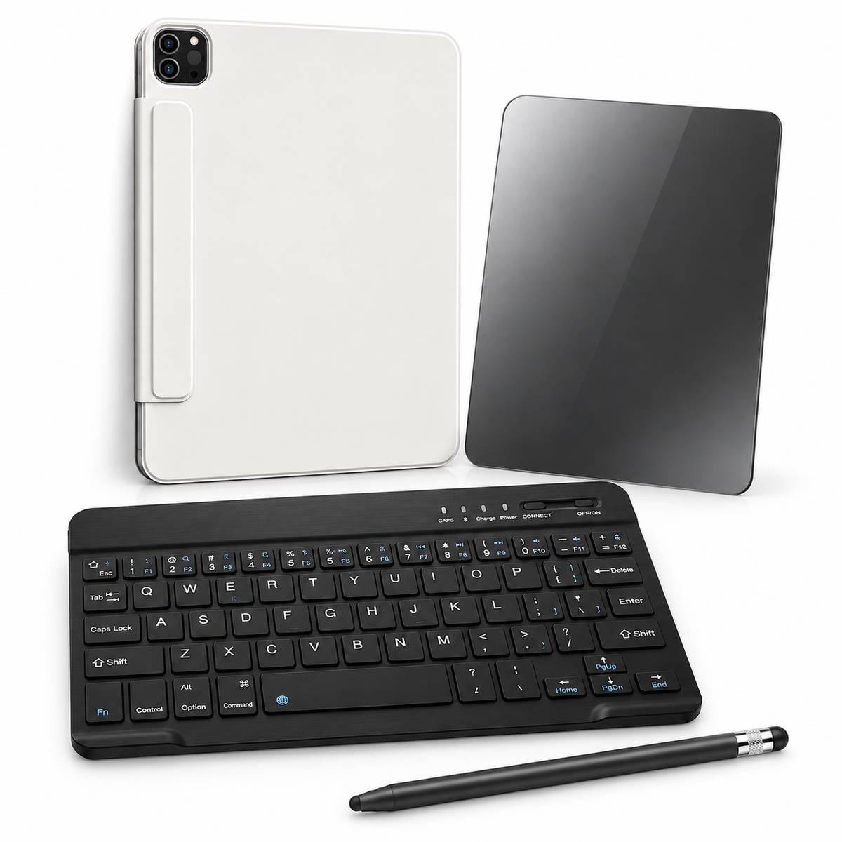 FormaLift Clarity Complete — iPad Case + Keyboard, Stylus, Privacy Glass Bundle, Cream White; all included bundle items on white. Representative iPad fit; tablet not included.