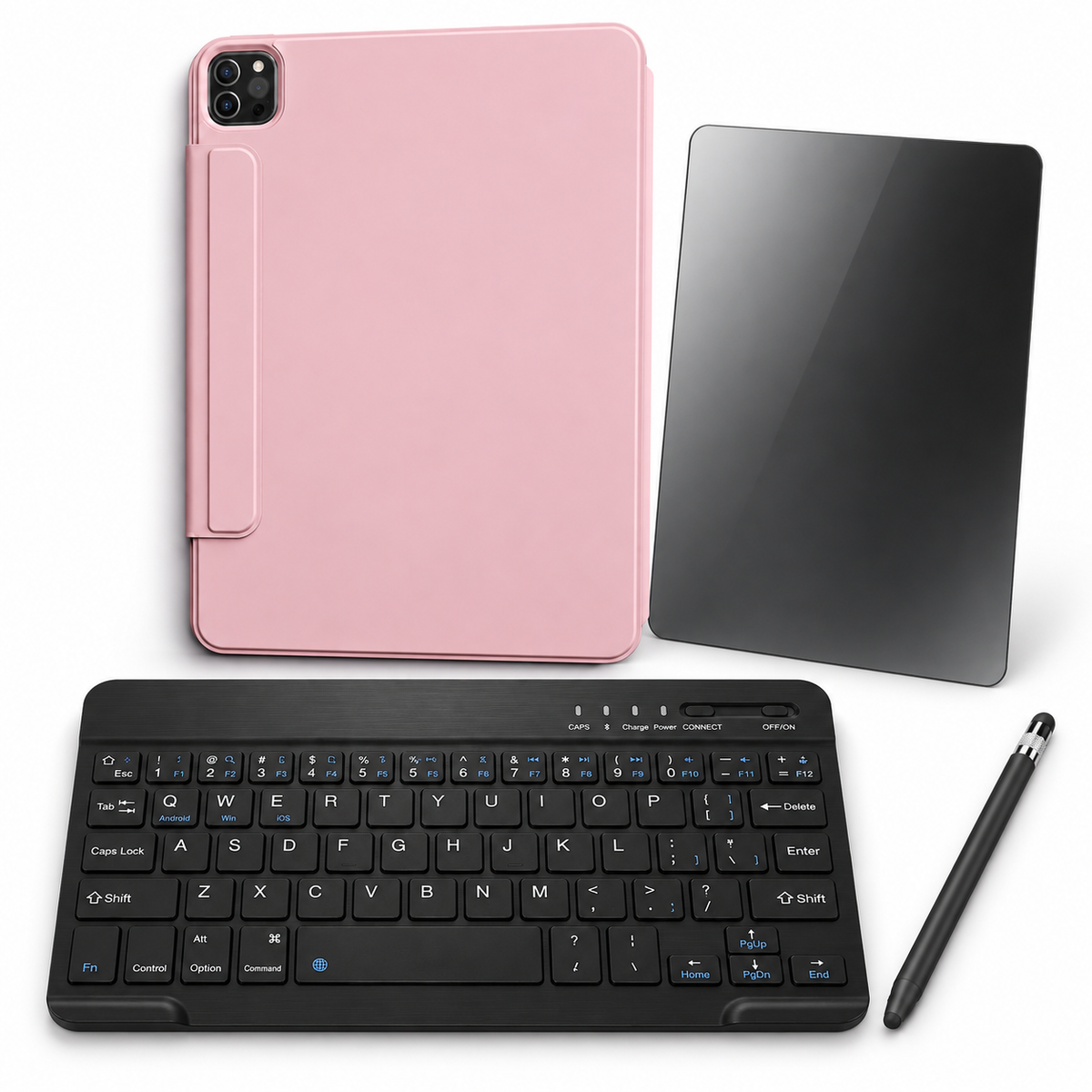 FormaLift Clarity Complete — iPad Case + Keyboard, Stylus, Privacy Glass Bundle, Pink; all included bundle items on white. Representative iPad fit; tablet not included.