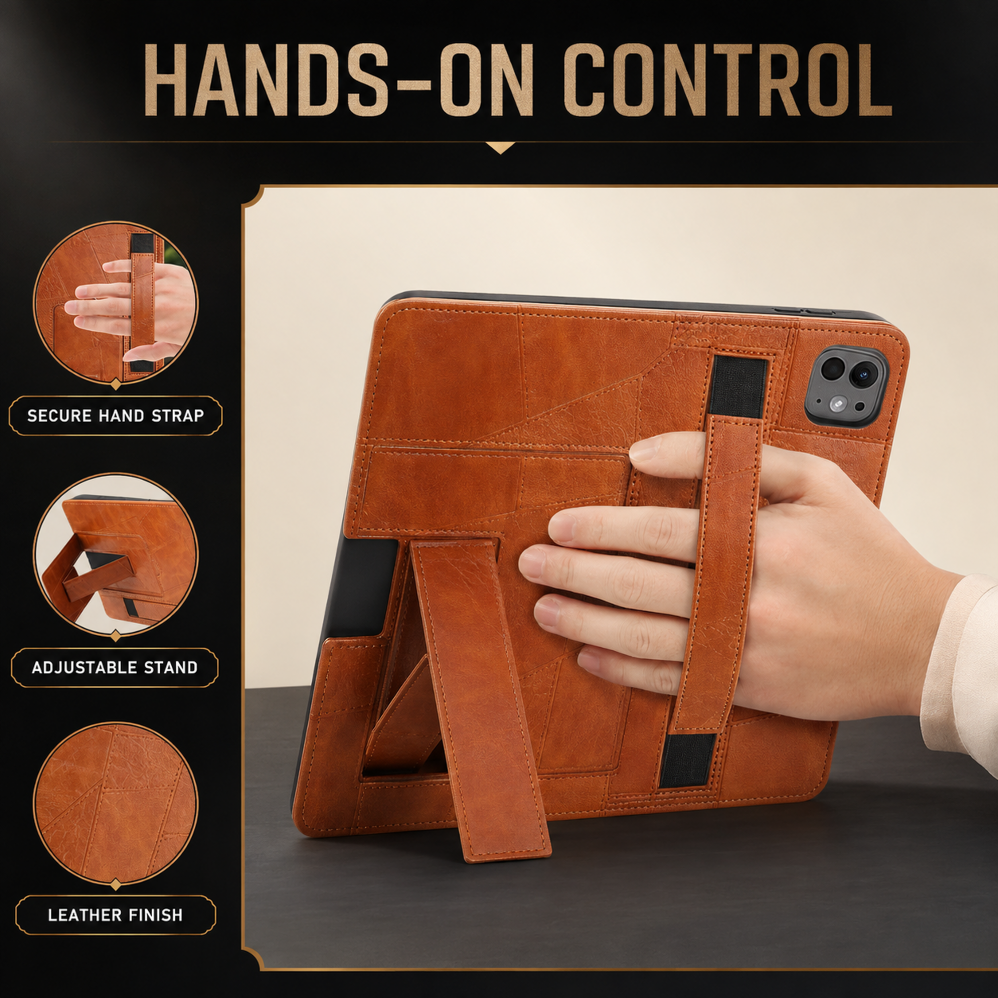 CrestFolio ExecutiveGrip Leather-Finish Hand-Strap Case for iPad — product view 6