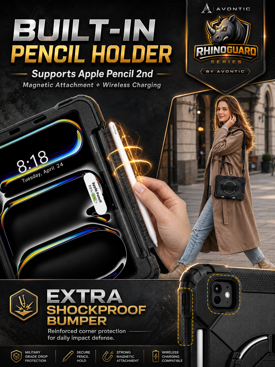 RhinoGuard Apex 360 Command Rugged iPad Case with Kickstand & Hand Strap