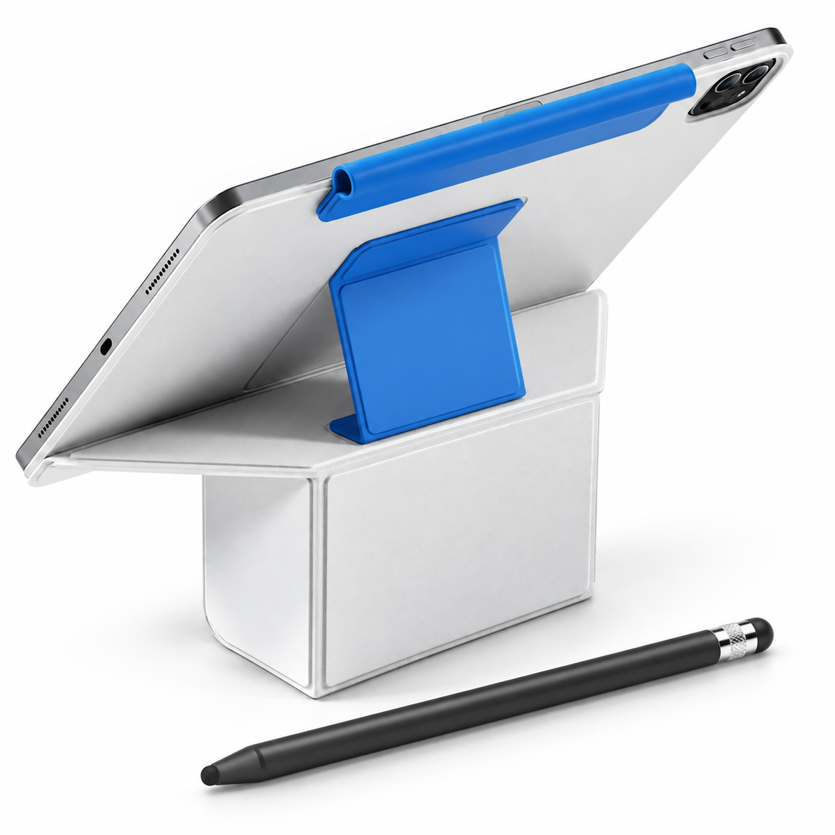 FormaLift Duo Create — iPad Case + Stylus Bundle, White and Blue; all included bundle items on white. Representative iPad fit; tablet not included.
