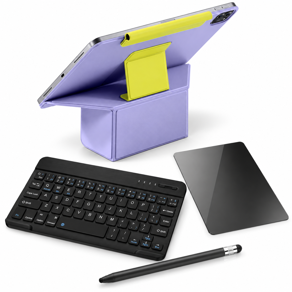 FormaLift Duo Complete — iPad Case + Keyboard, Stylus, Privacy Glass Bundle, Violet and Yellow; all included bundle items on white. Representative iPad fit; tablet not included.