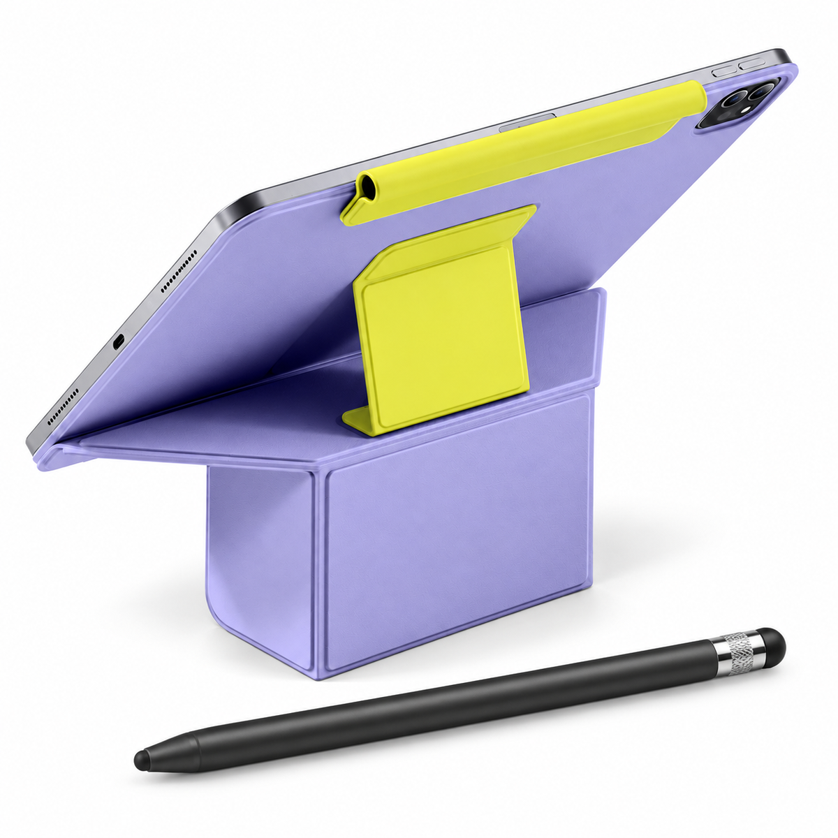 FormaLift Duo Create — iPad Case + Stylus Bundle, Violet and Yellow; all included bundle items on white. Representative iPad fit; tablet not included.