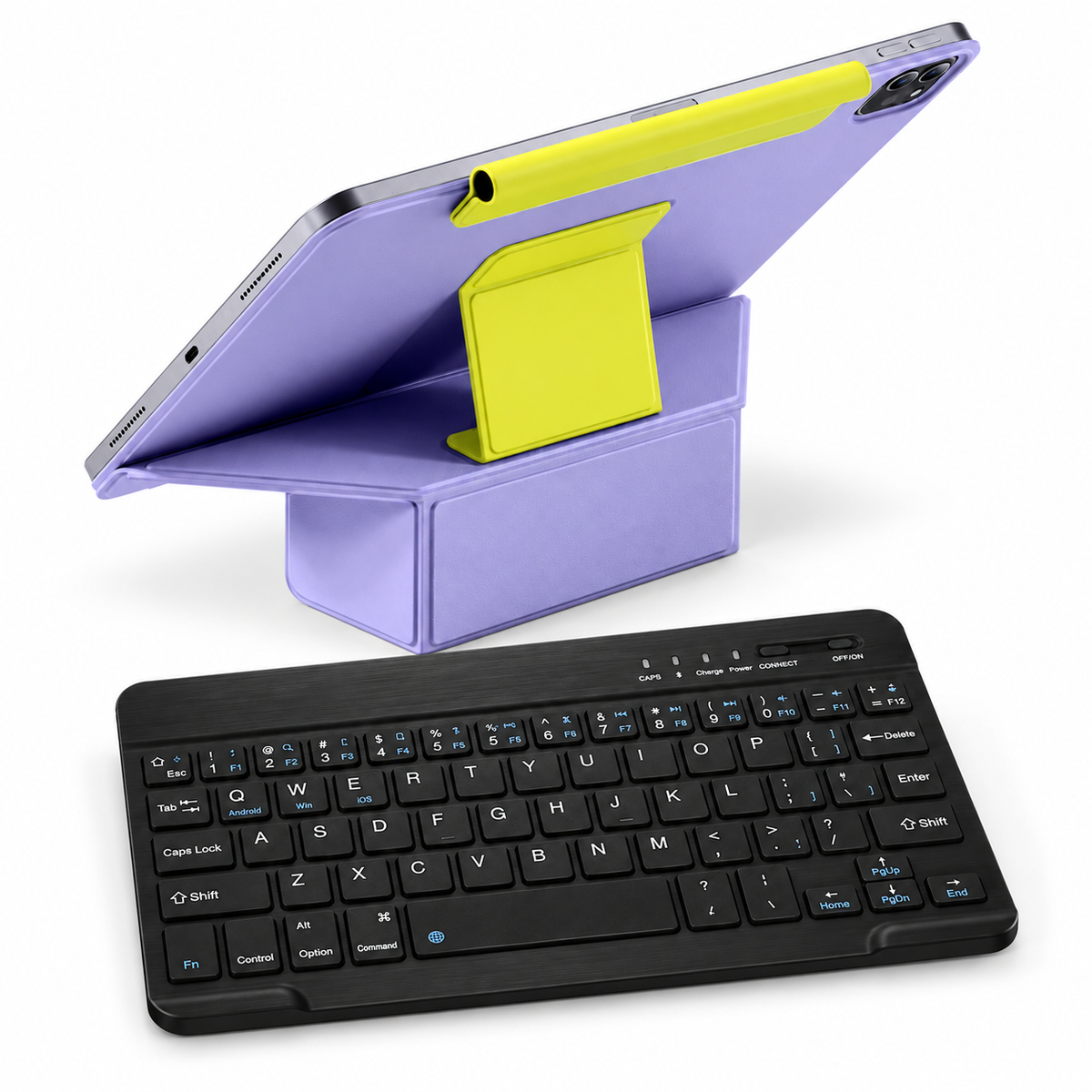 FormaLift Duo Work — iPad Case + Keyboard Bundle, Violet and Yellow; all included bundle items on white. Representative iPad fit; tablet not included.
