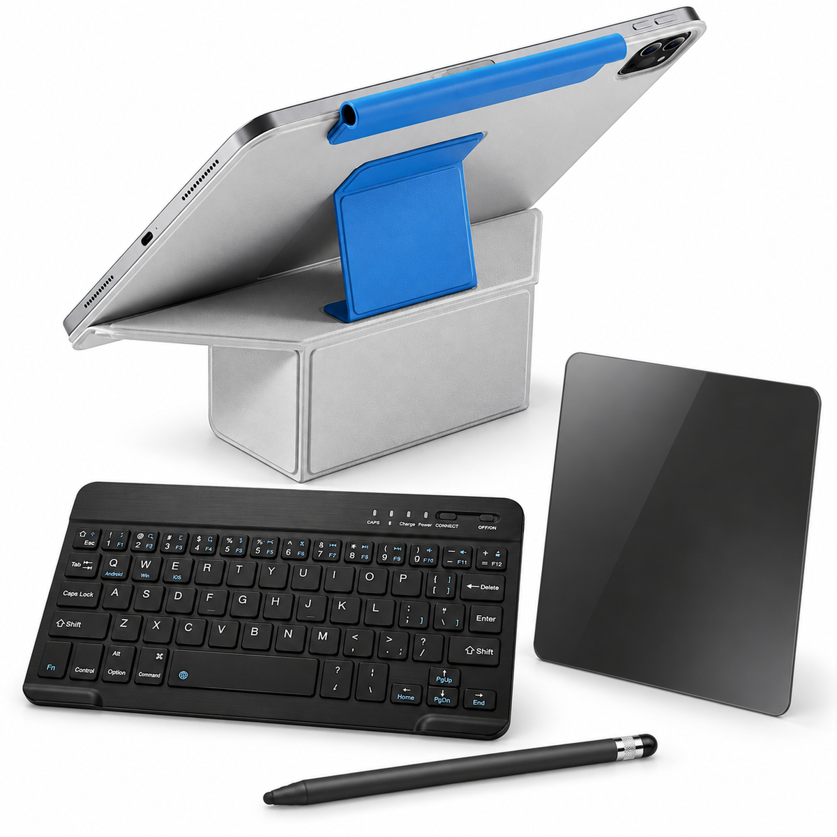 FormaLift Duo Complete — iPad Case + Keyboard, Stylus, Privacy Glass Bundle, Gray and Blue; all included bundle items on white. Representative iPad fit; tablet not included.