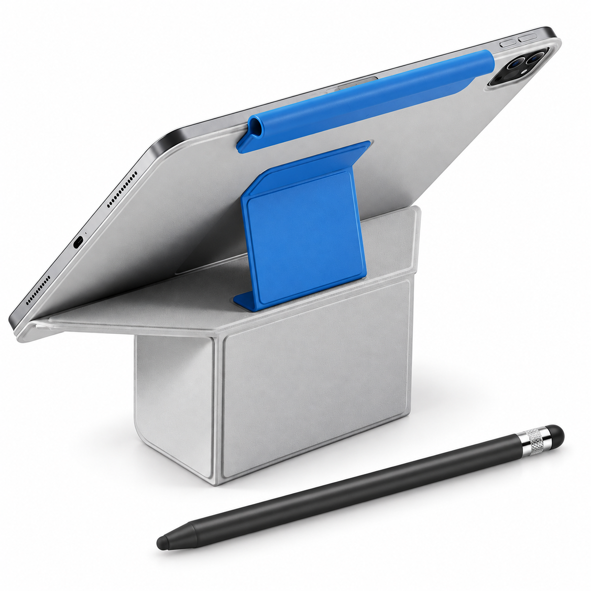 FormaLift Duo Create — iPad Case + Stylus Bundle, Gray and Blue; all included bundle items on white. Representative iPad fit; tablet not included.