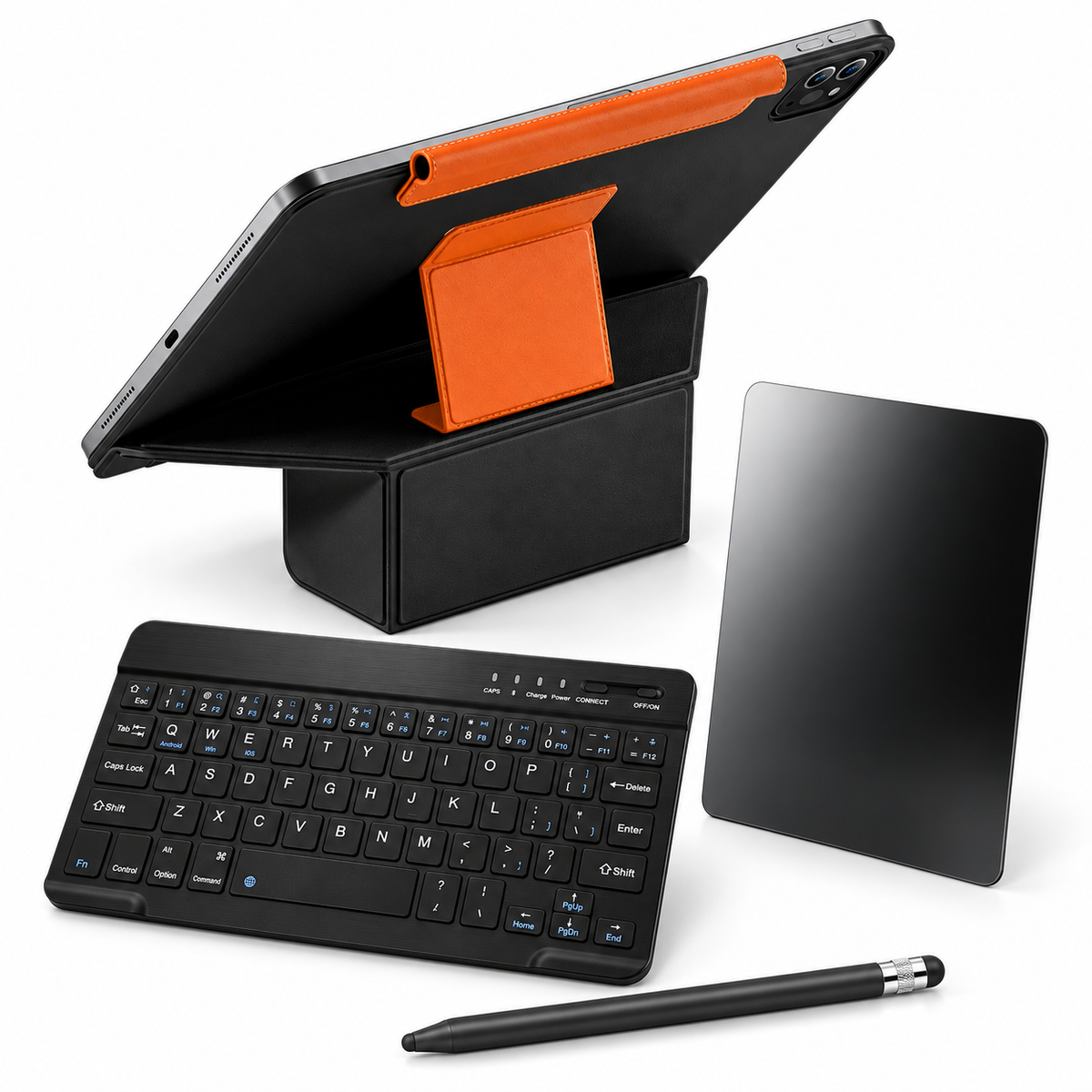 FormaLift Duo Complete — iPad Case + Keyboard, Stylus, Privacy Glass Bundle, Black and Orange; all included bundle items on white. Representative iPad fit; tablet not included.