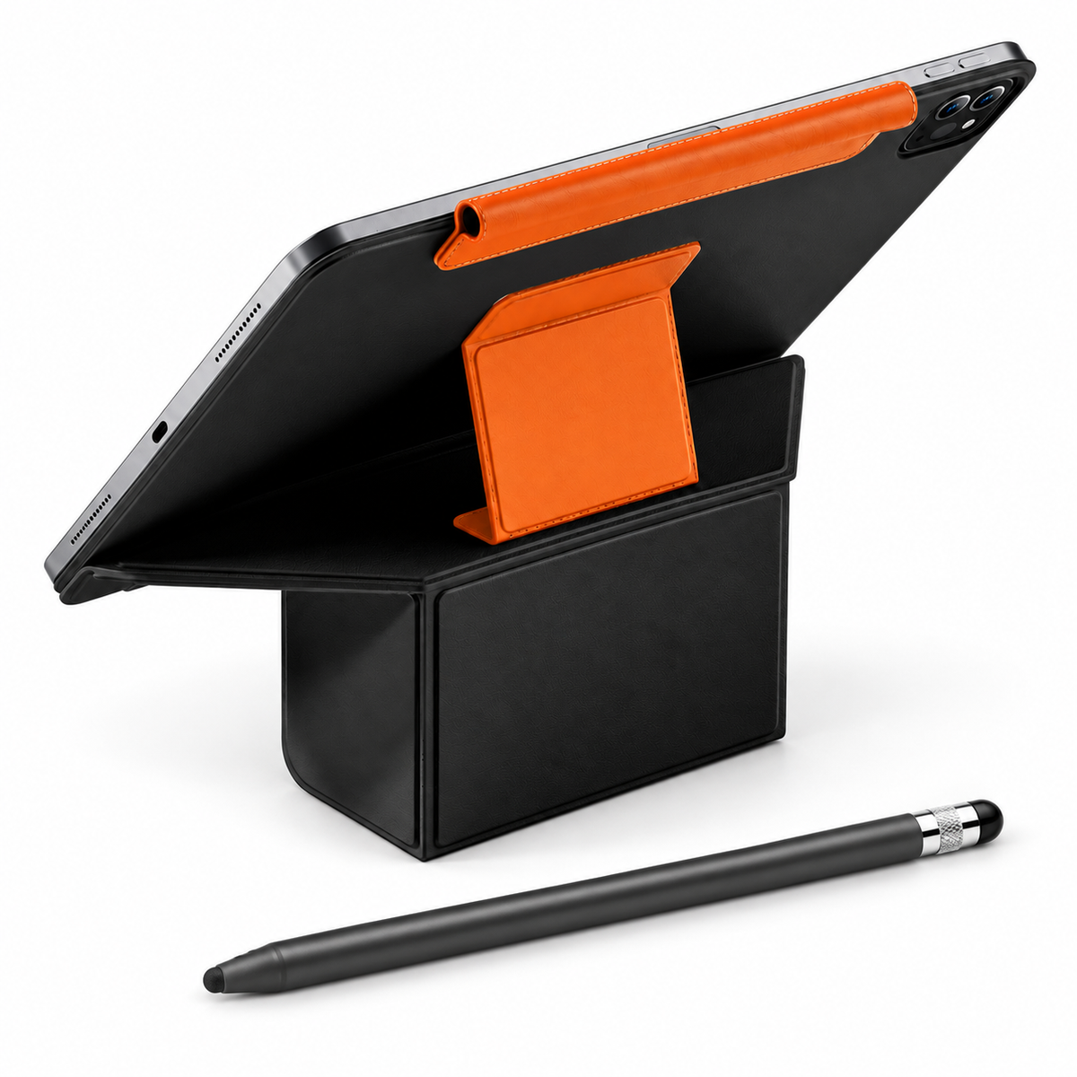 FormaLift Duo Create — iPad Case + Stylus Bundle, Black and Orange; all included bundle items on white. Representative iPad fit; tablet not included.