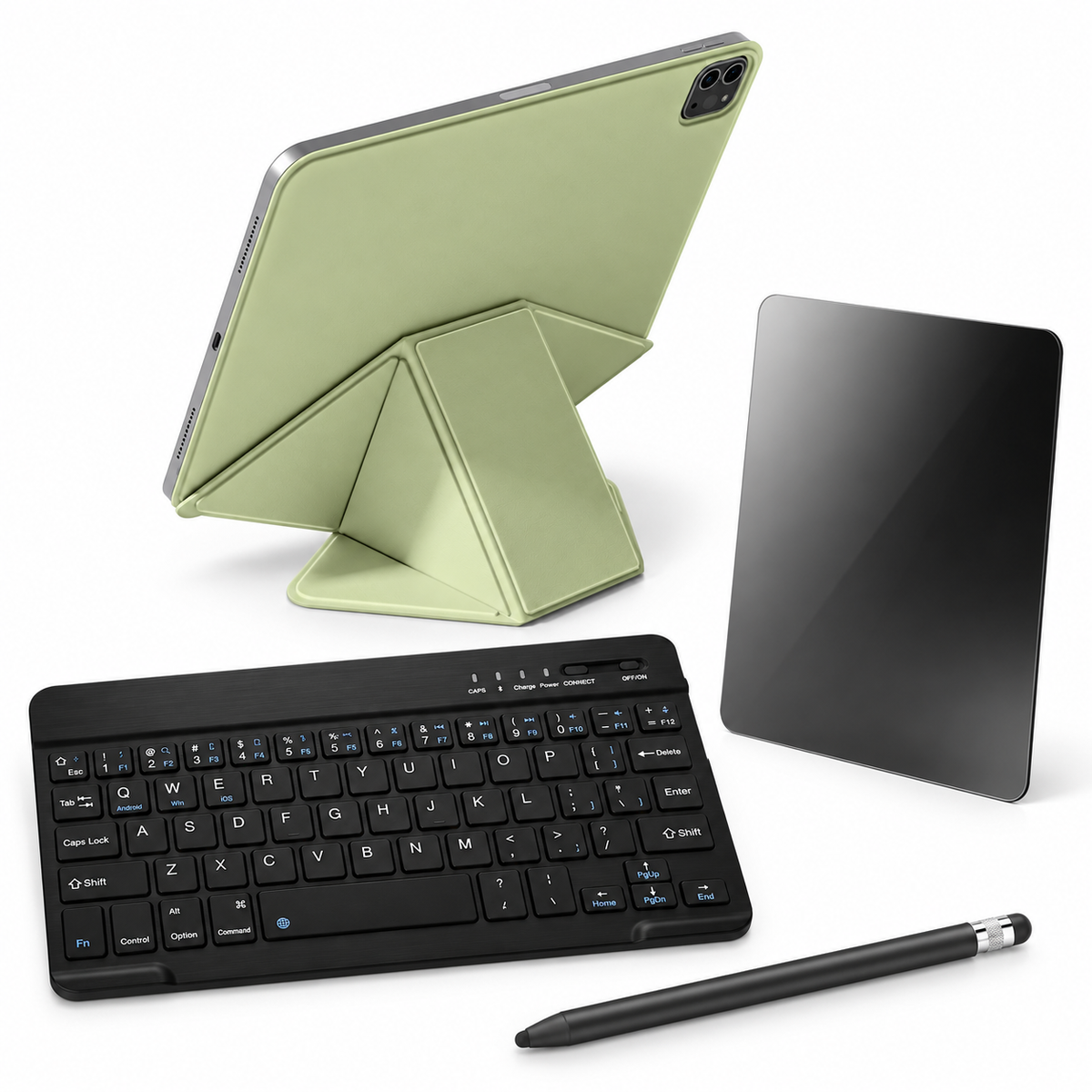 FormaLift Dynamic Complete — iPad Case + Keyboard, Stylus, Privacy Glass Bundle, Green; all included bundle items on white. iPad shown for fit, not included.