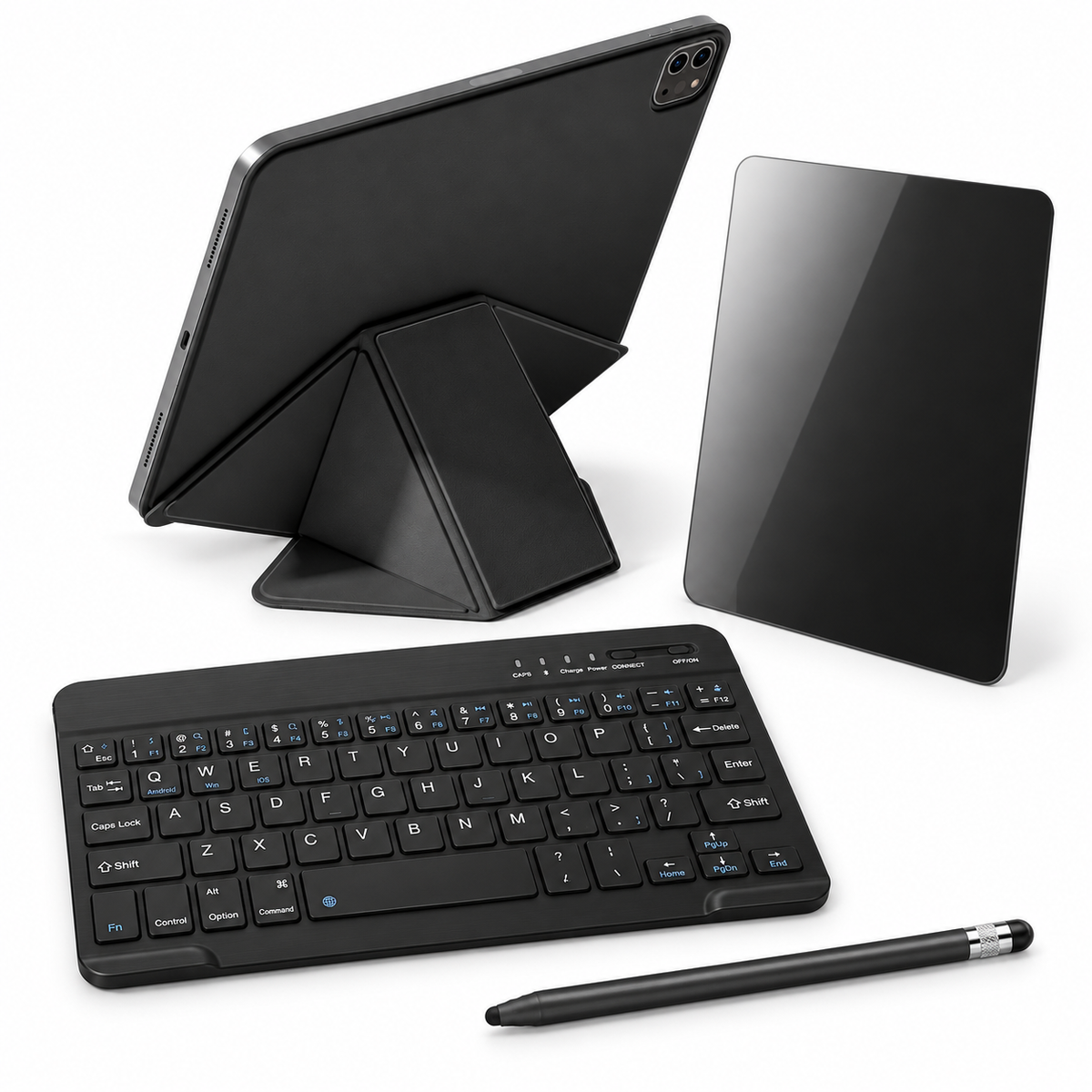FormaLift Dynamic Complete — iPad Case + Keyboard, Stylus, Privacy Glass Bundle, Black; all included bundle items on white. iPad shown for fit, not included.