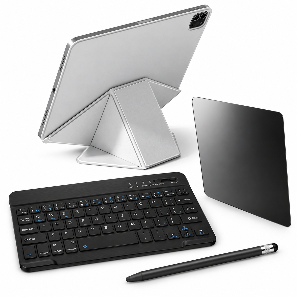 FormaLift Dynamic Complete — iPad Case + Keyboard, Stylus, Privacy Glass Bundle, Gray; all included bundle items on white. iPad shown for fit, not included.